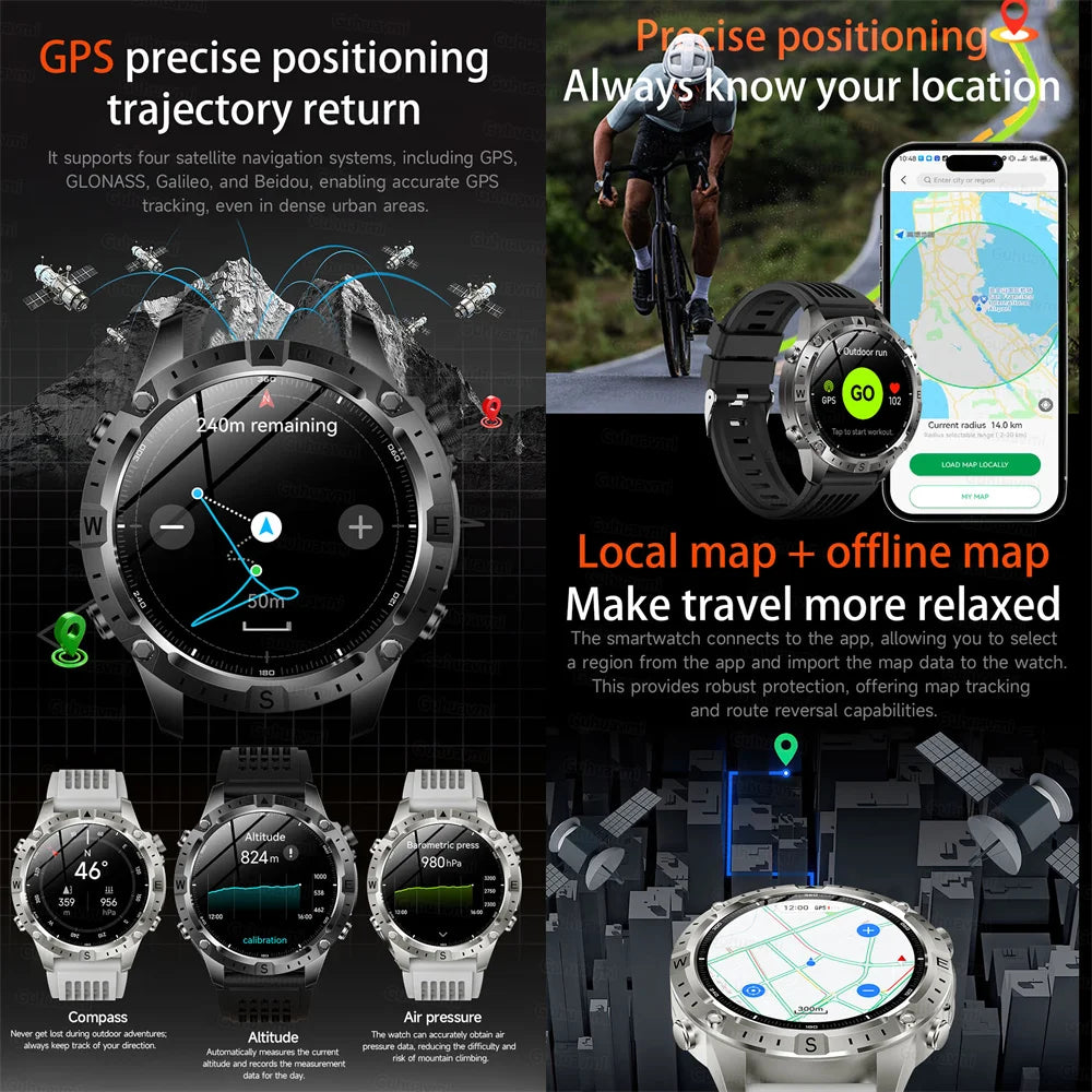 GPS Smart Watch for Men 2G ROM GPS Offline Maps Waterproof Swim Hiking Fitness Tracker Sleep SpO2 Rugged Durable Smartwatch GPS