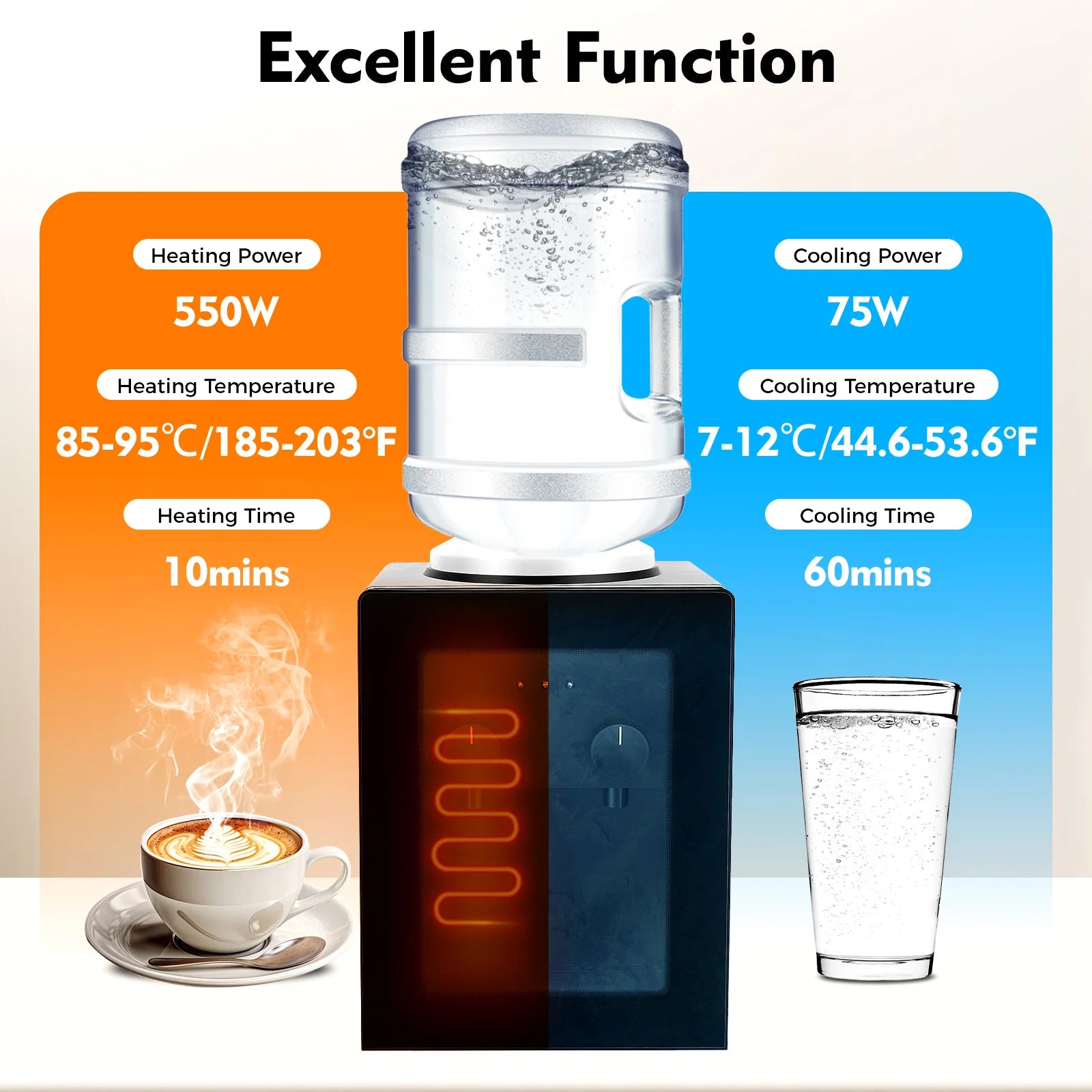 550W Desktop Water Dispenser Stainless Steel Liner PP Material 270x235x370mm 3kg Fast Heating & Cooling Dual-Use Water Dispenser