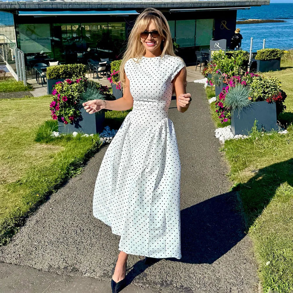 Talenza White Polka Dot Long Dress Summer Sexy High-Waisted Vintage Print Sleeveless Dress Casual Party Vacation New Women Dress