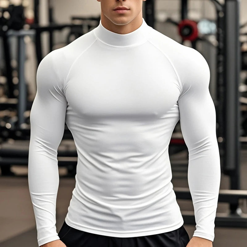 Plain Tight Absorb Sweat Elastic Shirts Gym Bodybuilding Fitness Turtleneck T-shirts Mens Long Sleeve Quick Dry Autumn Clothing