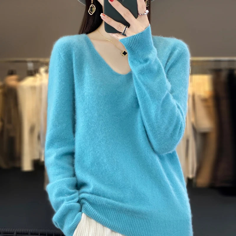 Women 100% Merino Wool Sweater V-Neck Basic Pullover Autumn Winter Cashmere Clothing Long Sleeve Soft Knitwear Tops Solid Color Secondary image
