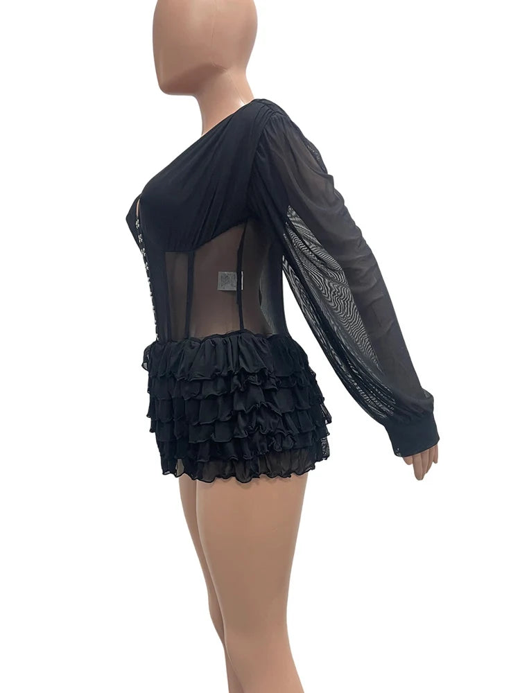 Beyprern Sexy Black Mesh Corset Jumpsuit Women Gothic Ruffle Layered Rompers Long Sleeve Sheer Bodysuit Nightclub Party Outfits