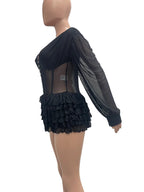 Beyprern Sexy Black Mesh Corset Jumpsuit Women Gothic Ruffle Layered Rompers Long Sleeve Sheer Bodysuit Nightclub Party Outfits