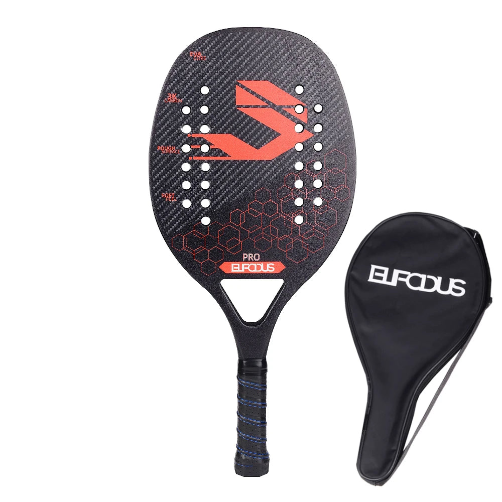 Full Carbon 3K Fiber Beach Tennis Racket Rough Surface Professional Racquet for Men and Women with Protective Bag Cover