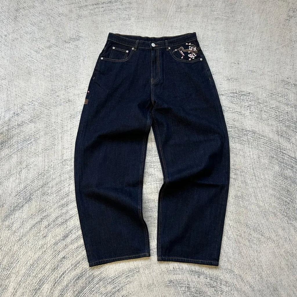 Vintage Low Waist Hip Hop Cherry Blossom Embroidered Jeans  Wide Leg Trousers Y2K Clothes Mens Womes Embroidered Baggy Jeans