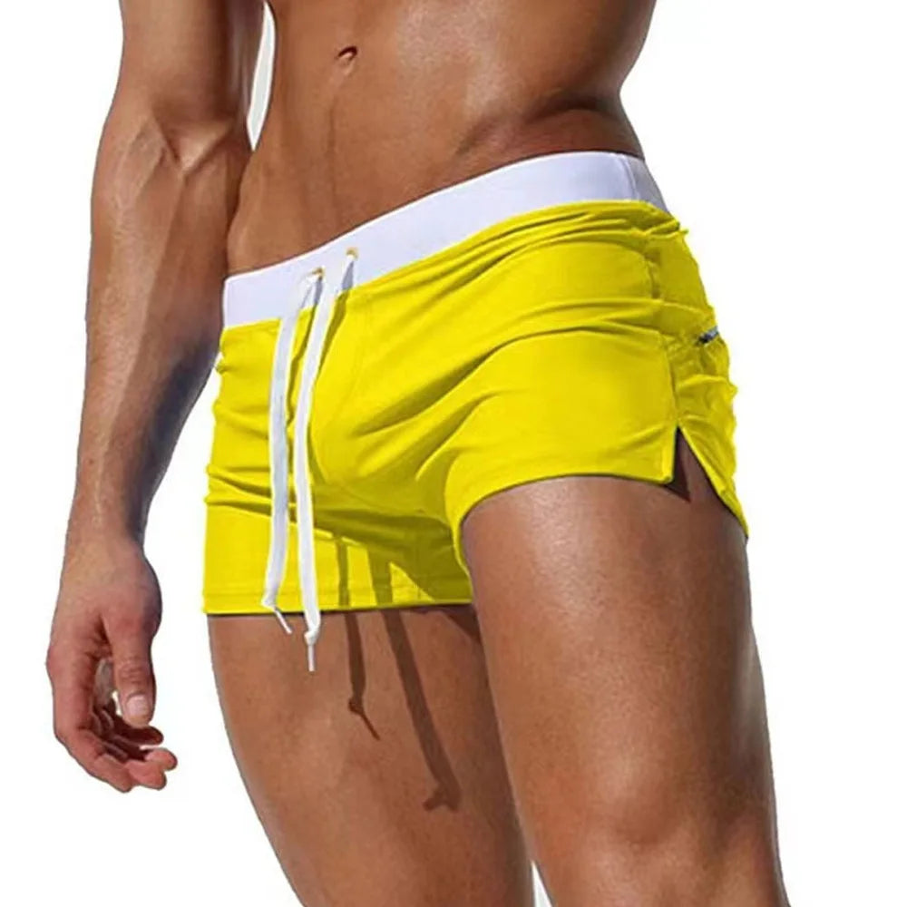 2025 Solid Color Low-Rise Men's Swim Trunks | Zip-Fly with Drawstring & Back Zipper Pocket for Secure & Discreet Wear