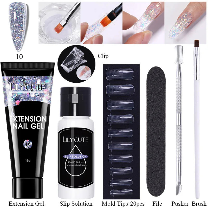 LILYCUTE 15ml Extension Gel Nail Polish Set Quick Nail Prolong With Extend Mold Nail Tips Acrylic Solution Manicure Tools Kit