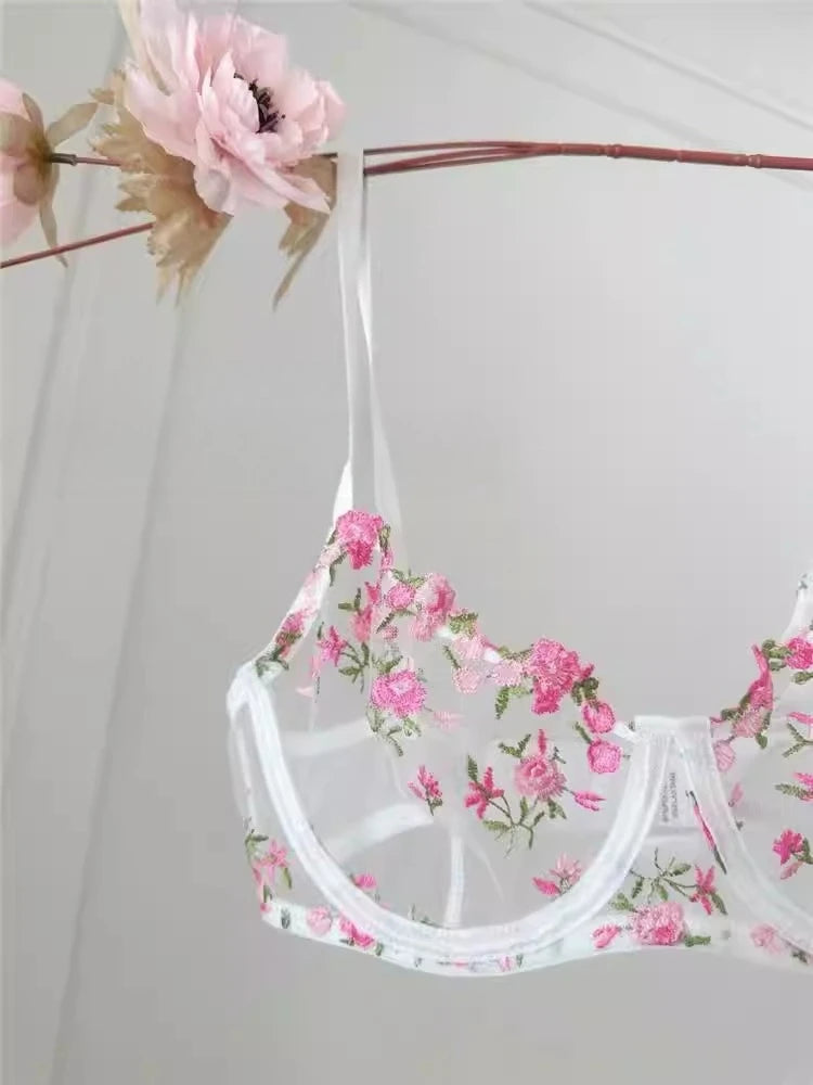 YUQI French Luxury Lingerie Set - Sexy Floral Embroidery Black Bra & Panty Set, Sheer Transparent Seductive Women's Intimates
