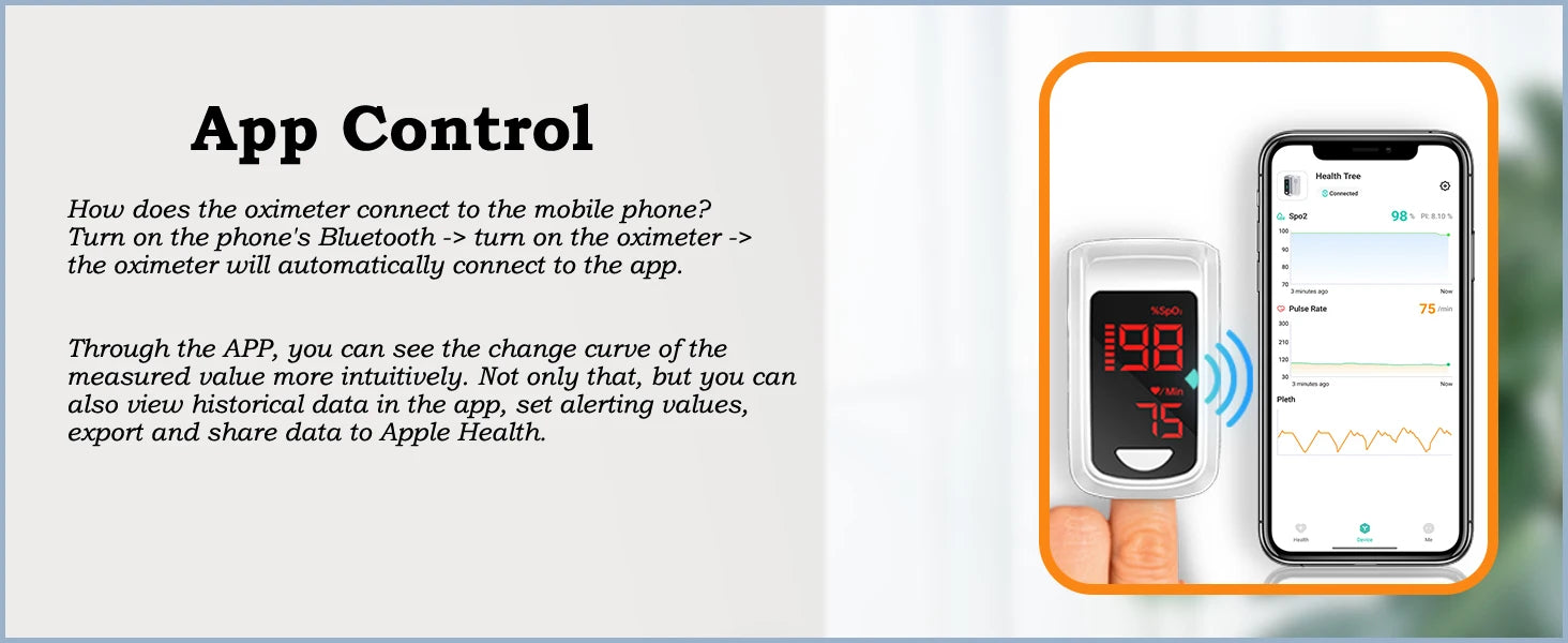 【Local Shipping】HealthTree Finger Pulse Oximeter Blood Oxygen Saturation SpO2 PI Oximetro Oxymeter Bluetooth APP Control