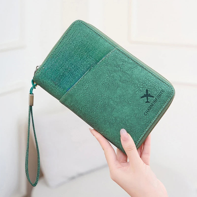 Multi-Functional RFID Blocking Passport Bag Travel Document Holder with Long Zipper Ticket Storage Wallet for Multiple Passports