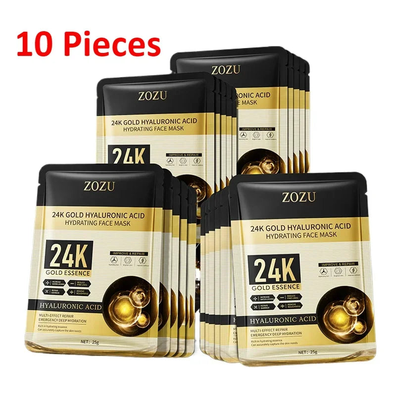 10 pieces 24k Gold Hyaluronic Acid Moisturizing Facial Mask Whitening Mask for Face Women Korean Skin Care Products Main image