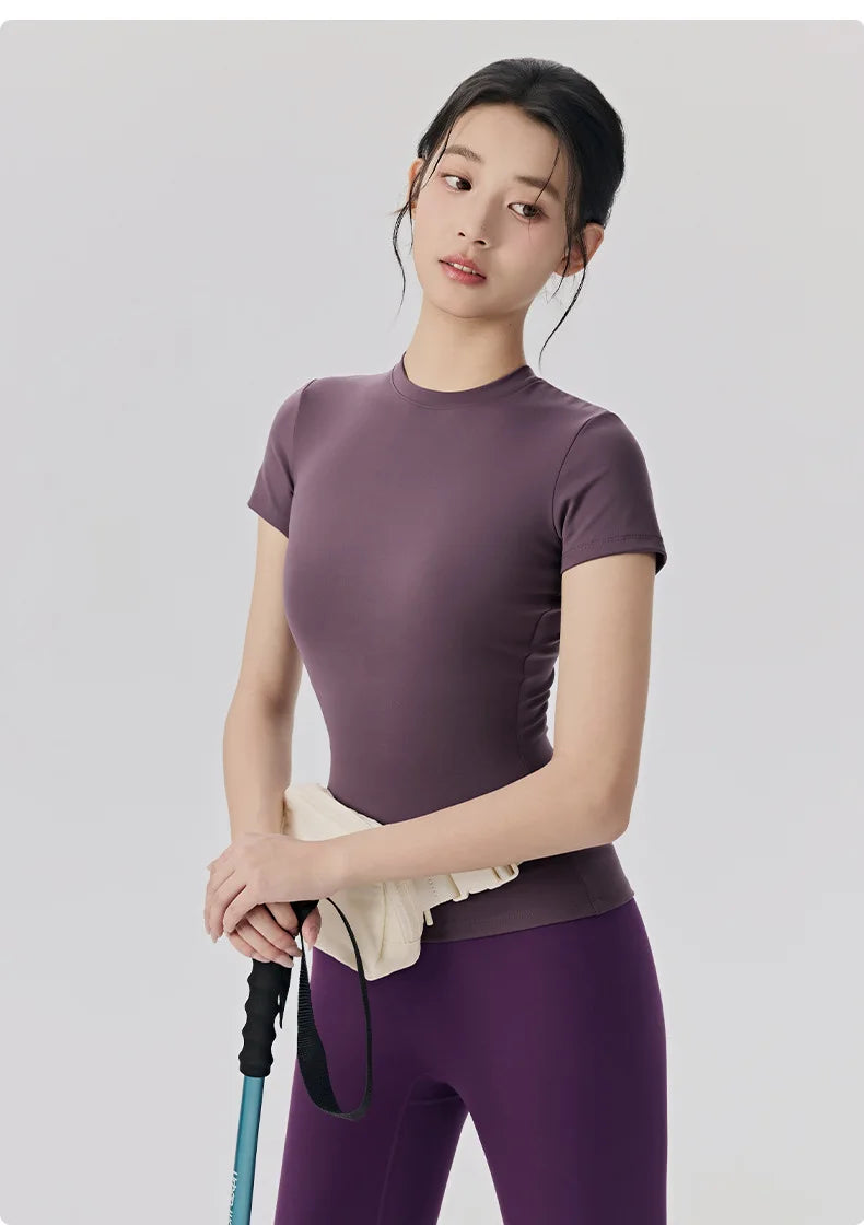 Spring and Summer Yoga Wear Short-sleeved Nude Tight-fitting Fitness Wear for Women Outdoor Running Training Sports T-shirt
