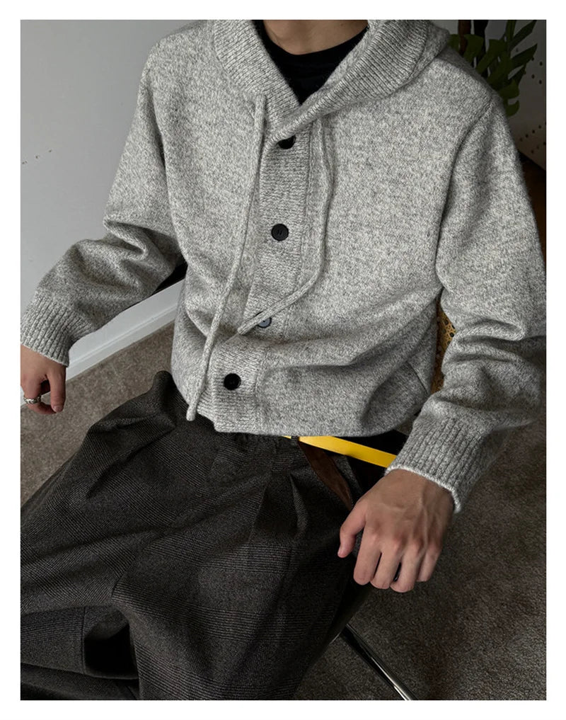 New Casual Luxury Hooded Knitted Cardigan For Man Korean Fashion Loose Button-up Sweater Y2K Vintage Streetwear Knitwear Coat