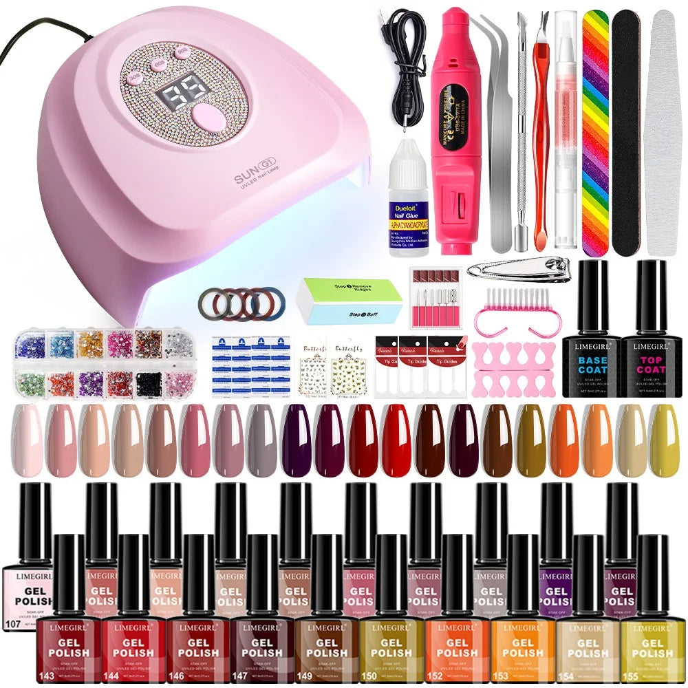 20-Color Nail Art Kit with LED Light Nail File Polishing Machine Glitter Diamond Tools Set for Professional And Home Use