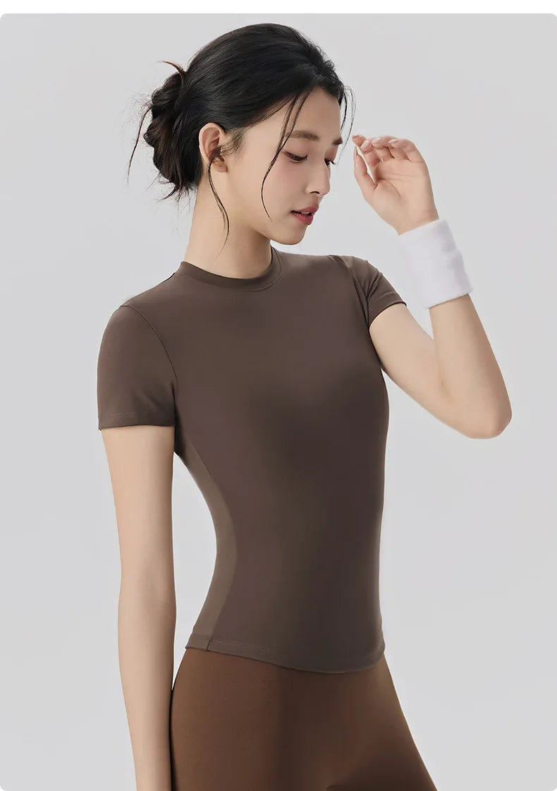 Spring and Summer Yoga Wear Short-sleeved Nude Tight-fitting Fitness Wear for Women Outdoor Running Training Sports T-shirt