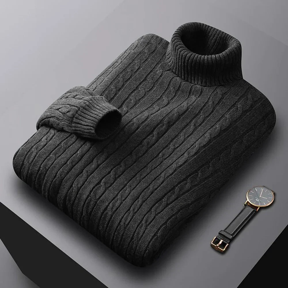 Autumn New Men's Turtleneck Jacquard Sweater Solid Color Knitted Pullover Casual Warmth High Elastic Versatile Male Sweatwear