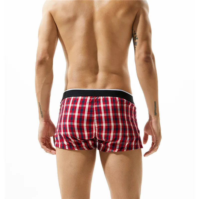 SEOBEAN Classic Plaid Mens Boxer Shorts 100% Cotton Underwear Boxershorts U convex Pouch Arrow Panties Shorts Men Sleep Bottoms