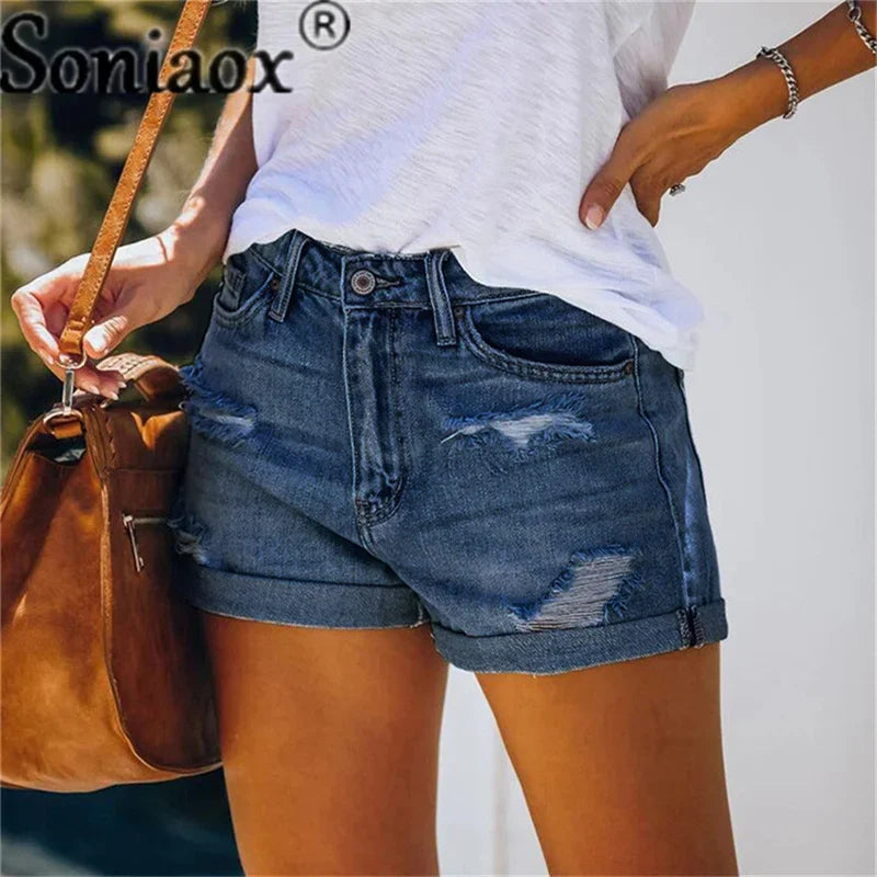 2024 Summer New Women Crimping Button Up Stretch Sexy Hole Jean Shorts High Waist Skinny Streetwear Trendy Ripped Denim Shorts