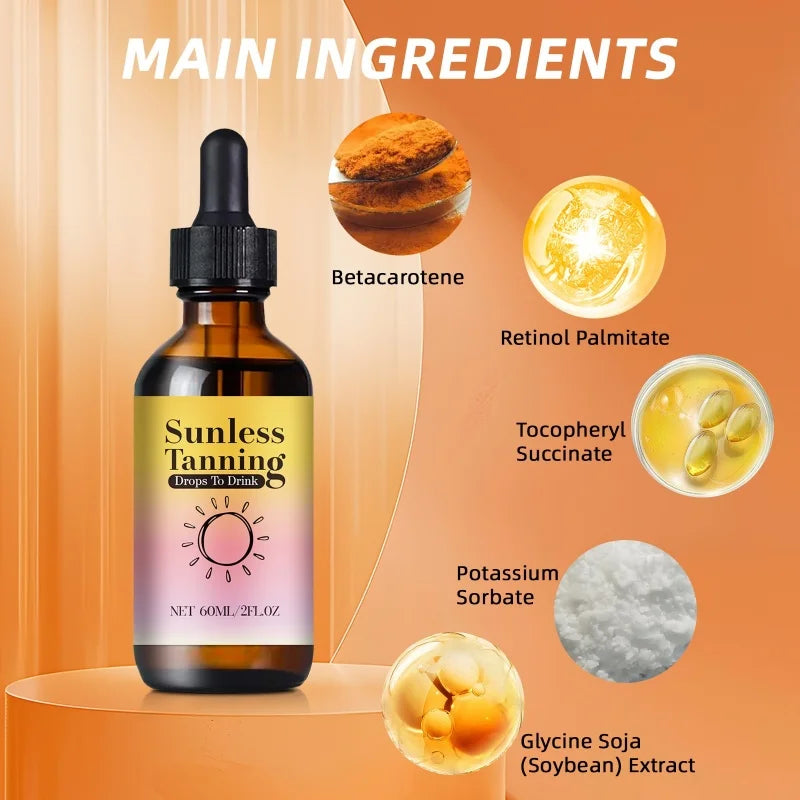 Vitamin-Enriched Tanning Drops 60ml - Beta-Carotene Formula Naturally Enhances Skin Color for a Sun-Kissed Glow Without UV.