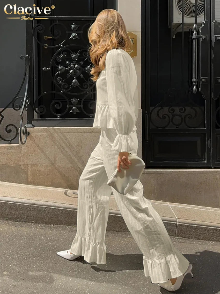 Clacive Fashion Loose Beige Cotton 2 Piece Set Women Elegant Long Sleeve Shirt With High Waist Wide Pants Set Female Clothing Secondary image