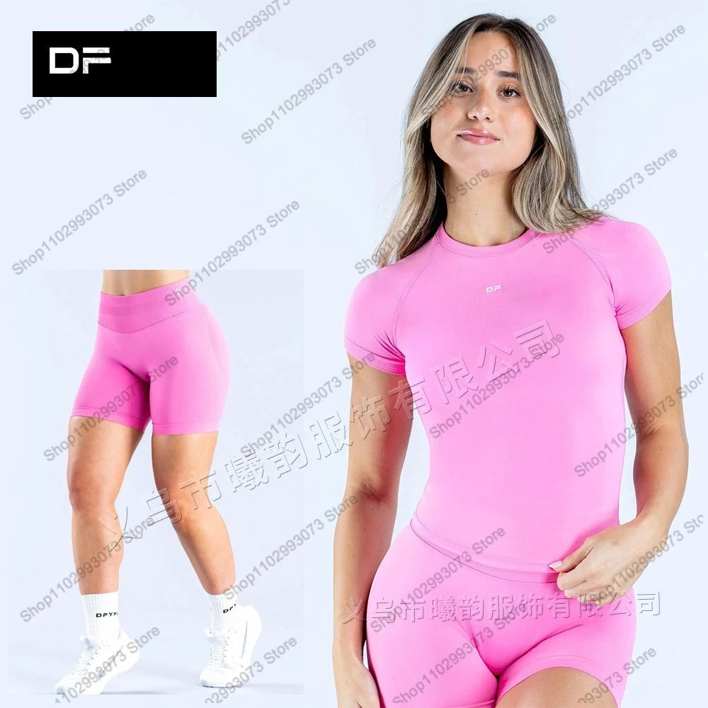 Women's Seamless 2 Piece Yoga Outfit Short Sleeve Top  High Waist Leggings/Shorts Gym Workout Activewear for Fitness Daily Wear