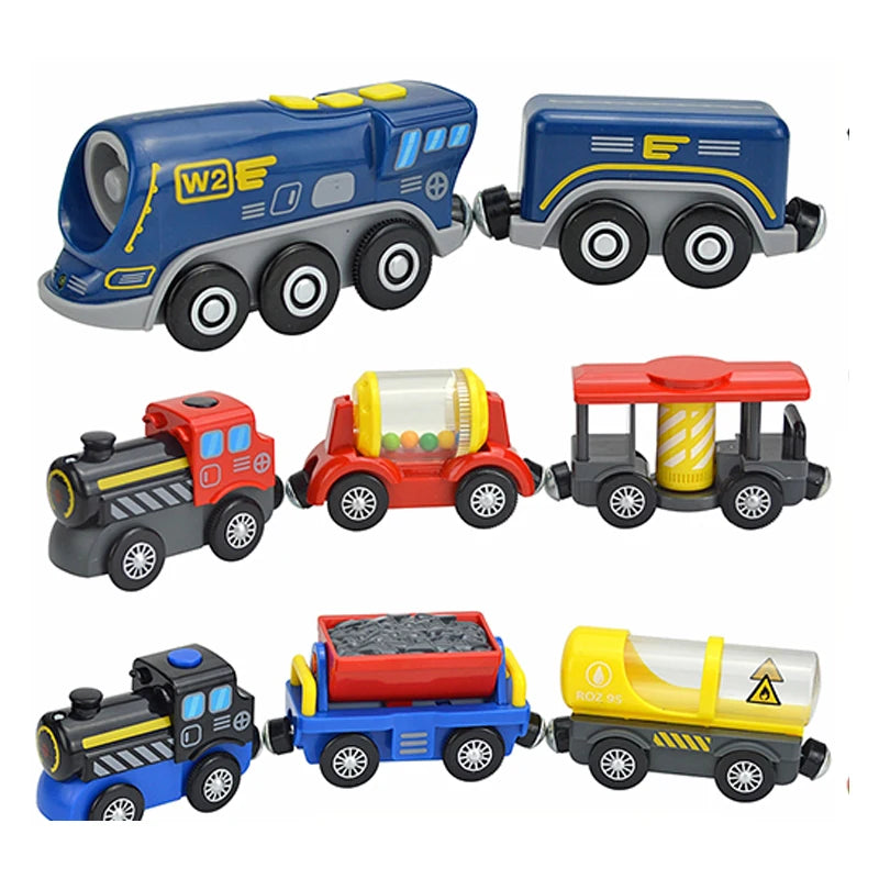 Kid Magnetic Electric Train Car Locomotive Wooden Track Slot Diecast Railway With Two Carriages Train Wood Toy Biro Leduo Track Main image
