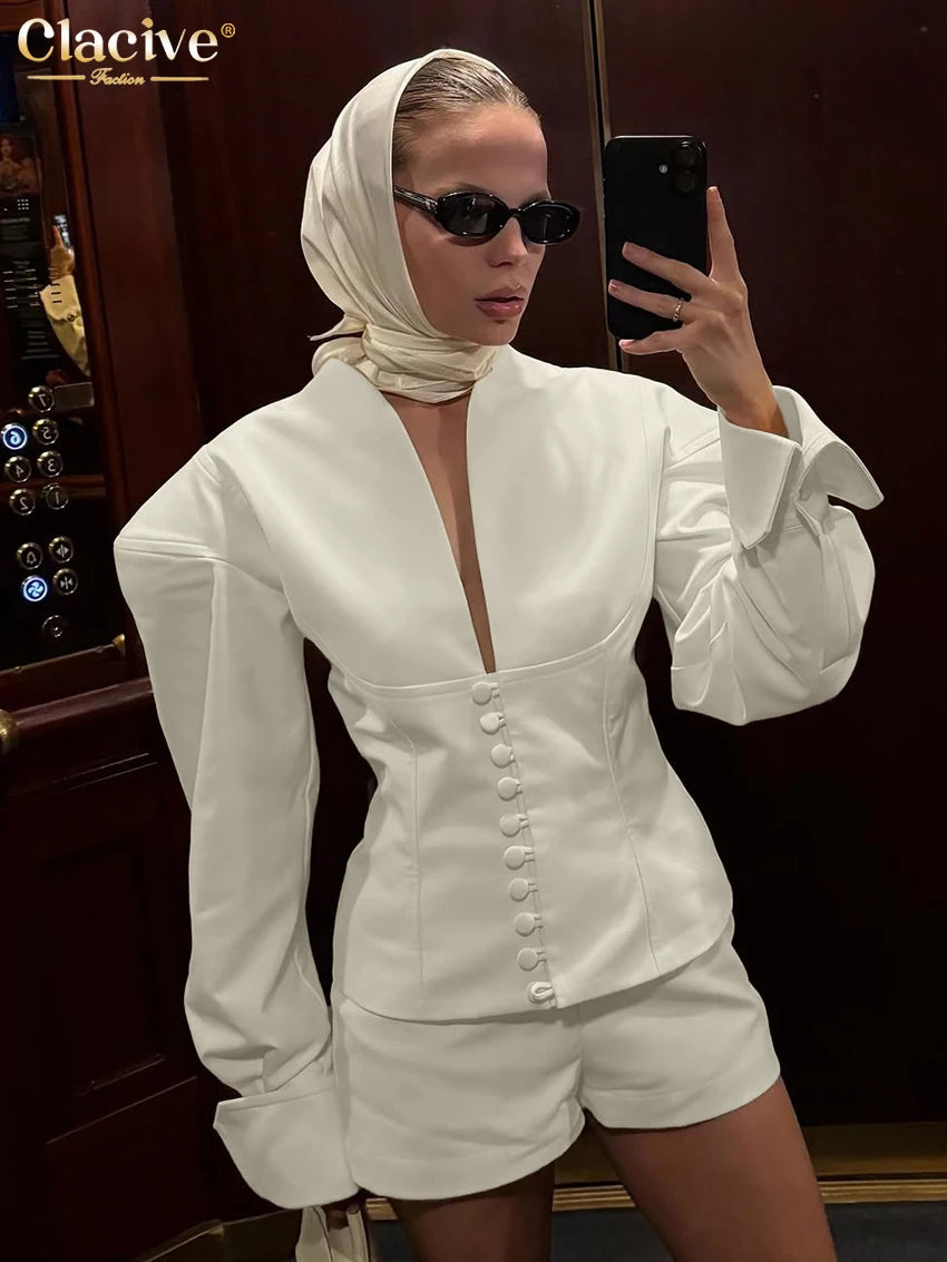 Clacive Fashion Loose Beige Women's Two Pieces Set 2025 Sexy Long Sleeve Shirt With High Waist Shorts Set Female Streetwear Main image