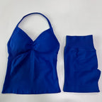 No Logo 2 Pieces Sports Set Women Backless Tank Tops High Waist Scrunch Seamless Shorts Gym Set Sportswear Workout Set Yoga