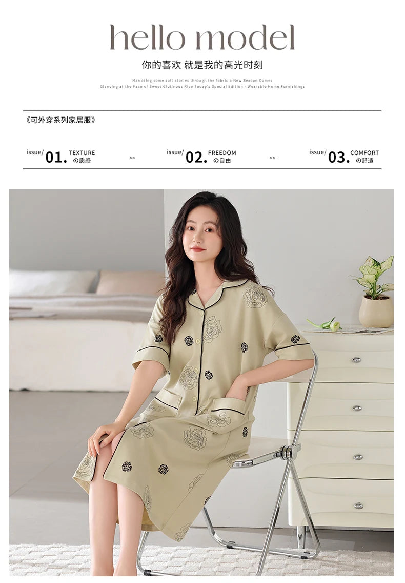 SUKAE Midi Nightdress M-5XL V-neck Bra Padded Botton Sleepshirt Plus Size Cotton Nightgowns Summer Women Short Sleeves Nightgown