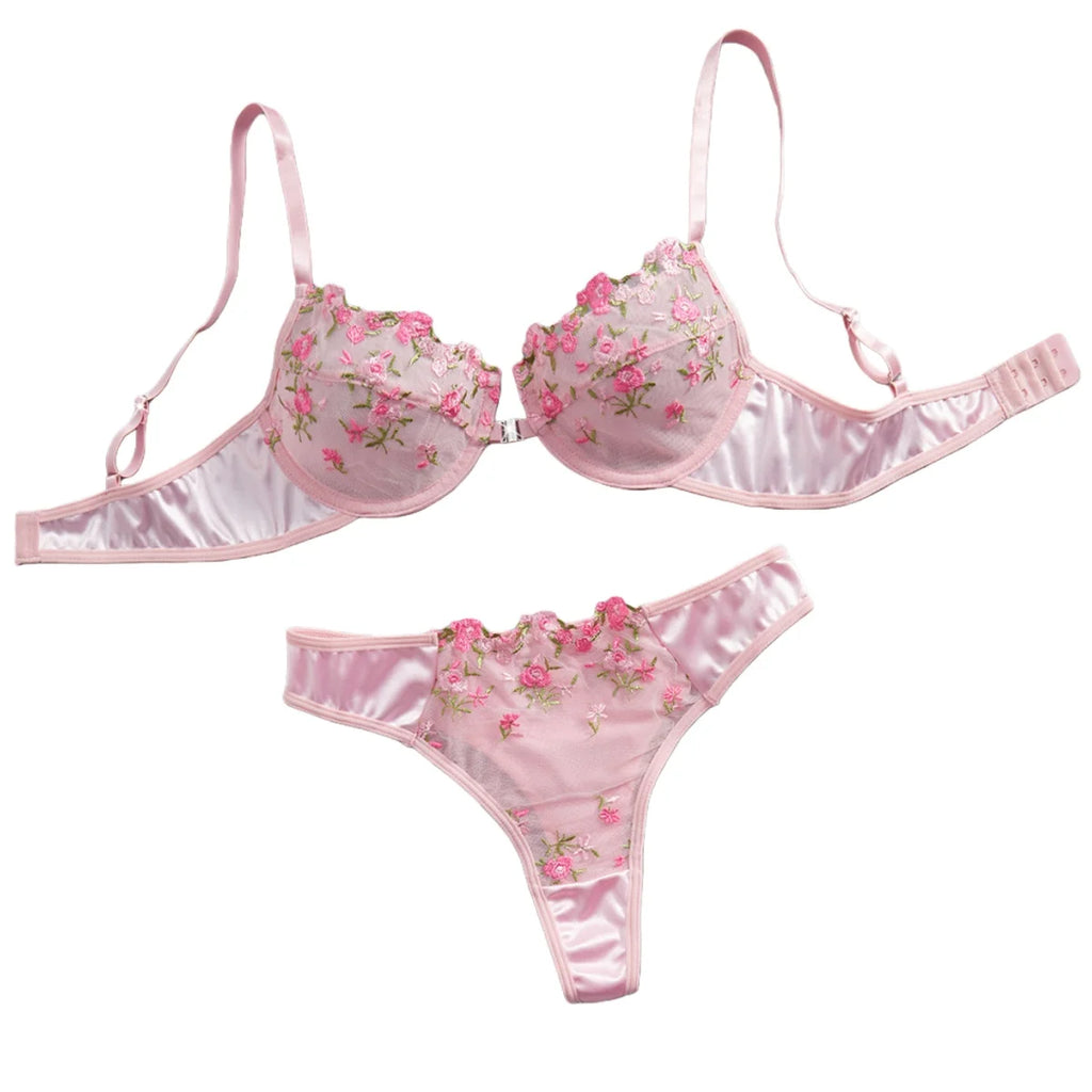 Pink Floral Embroidery Lingerie Set 2PCS Underwired Semi-Sheer Front Closure Back Double Hooks Sexy Underwear for Romantic Occas