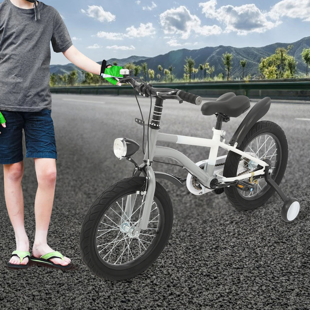16 Inch Children's Bicycle Carbon Steel Mountain Bike with Auxiliary Wheels & LED Light for 5-8 Years Old,Height Adjustable,60Kg
