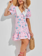 Tossy Printed Lapel Fashion Mini Dress Women's Short Sleeve Patchwork Contrast Elegant Summer Dress 2025 Female Bodycon Dress