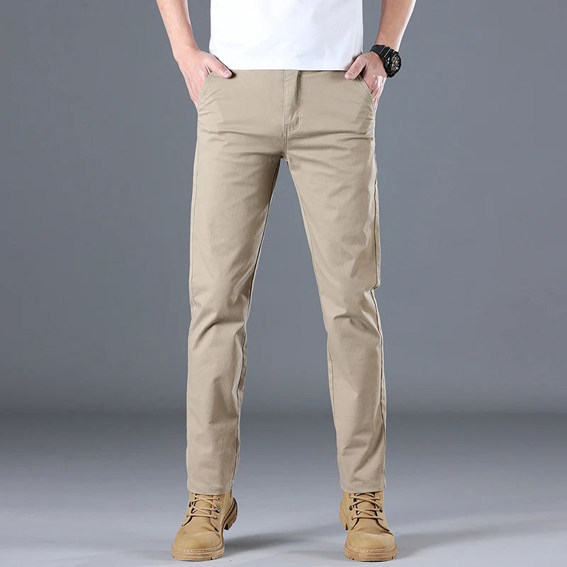 2024 Men's High Quality Pure Cotton Classic Solid Color Casual Pants Business Stretch Cotton Slim Straight Brand Trousers Male