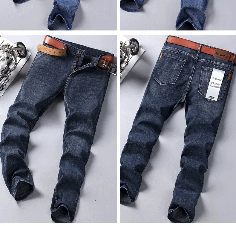 2024  Straight Regular Blue Stretch Denim Trousers Spring Autumn Men Classic Jeans Business Fashion Men's Smart Jeans