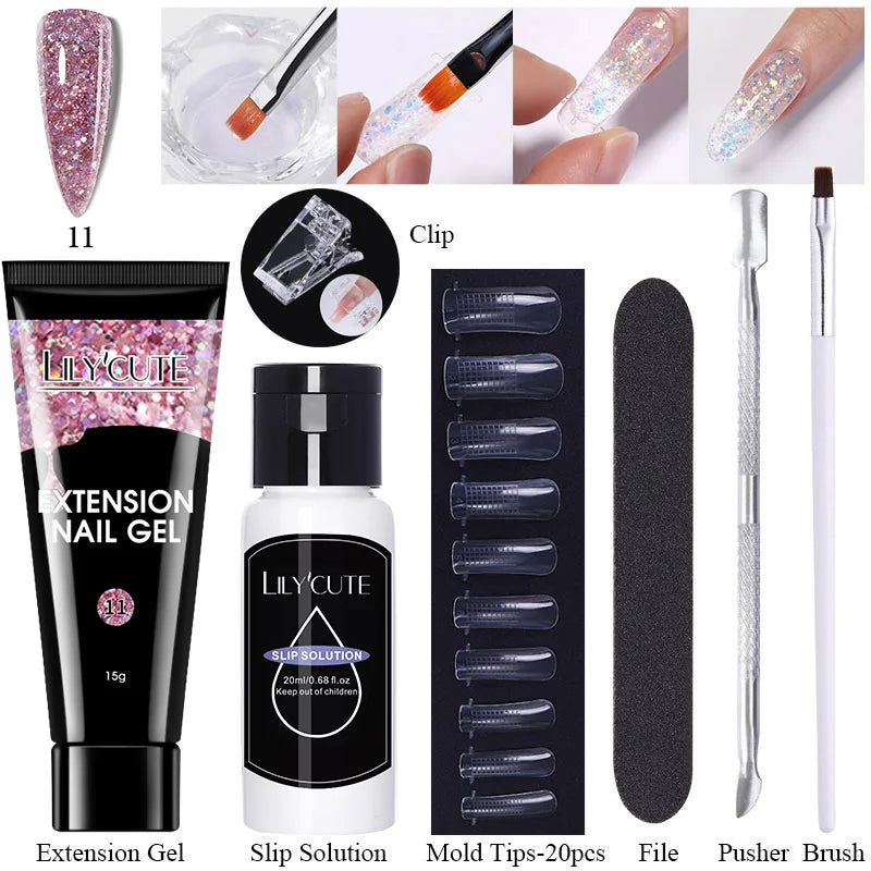 LILYCUTE 15ml Extension Gel Nail Polish Set Quick Nail Prolong With Extend Mold Nail Tips Acrylic Solution Manicure Tools Kit