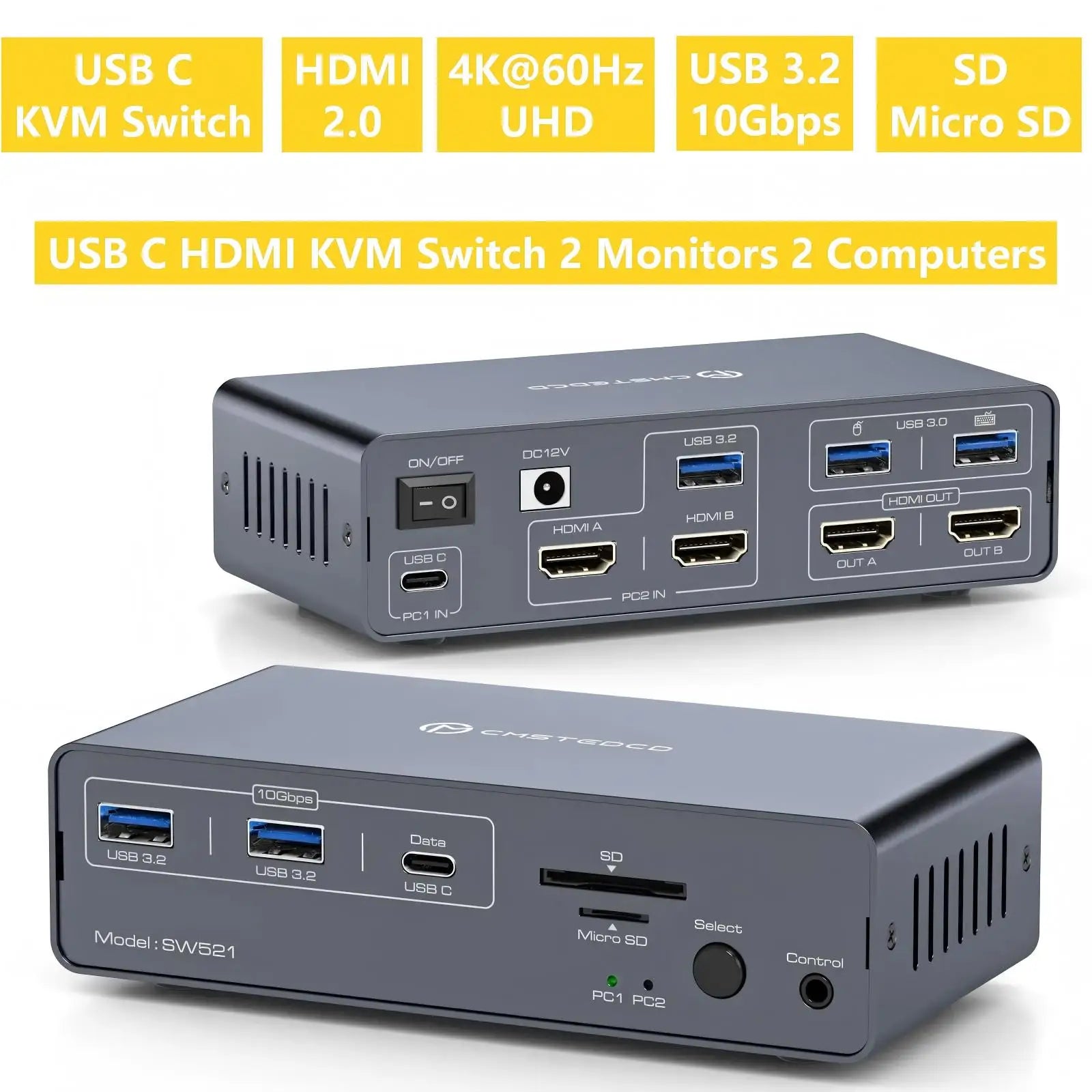 KVM Switch 2 Monitors 2 Computers Docking Station USB C+HDMI/DP Input,4K@60Hz/120Hz DisplayPort Dual Monitor for Laptop Desktop Main image