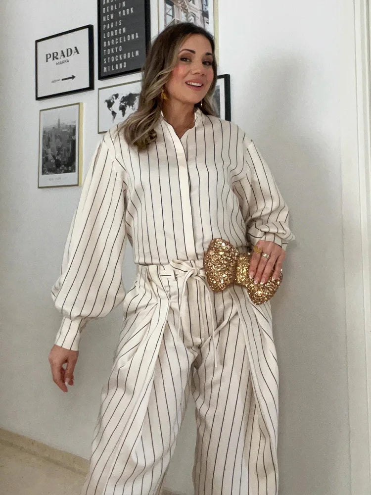 HH Women Spring New Fashion Vintage Versatile Beige Striped Puffy Sleeve Shirt+High Waisted Loose Pleated Casual Long Pants Set Secondary image