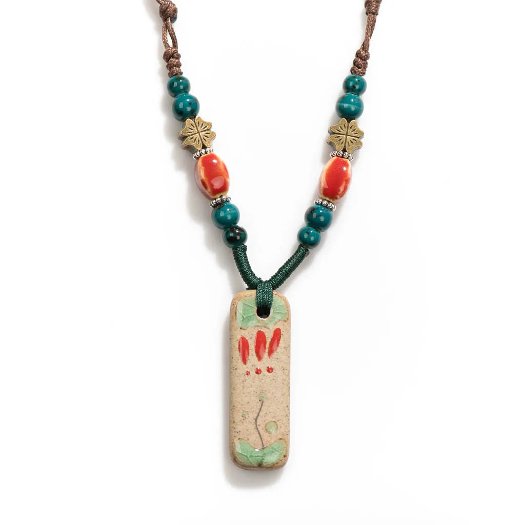 Handmade Vintage Ceramic Necklace Retro craft pottery Ethnic Style Chinese Pendant Unique Women's Accessory  X840G