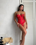 Ellolace Palace Women's Lingerie Sets Willowy Corset Thong 2PC Set Sexy Hot Strapless Lace Fancy Deep V-neck Women Underwear