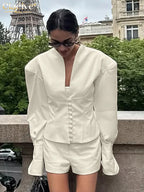 Clacive Fashion Loose Beige Women's Two Pieces Set 2025 Sexy Long Sleeve Shirt With High Waist Shorts Set Female Streetwear