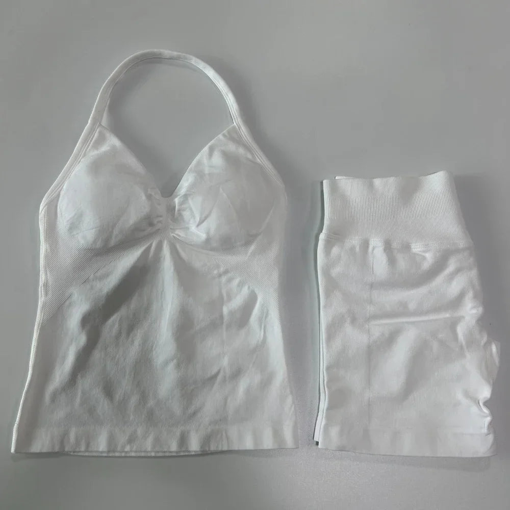 No Logo 2 Pieces Sports Set Women Backless Tank Tops High Waist Scrunch Seamless Shorts Gym Set Sportswear Workout Set Yoga