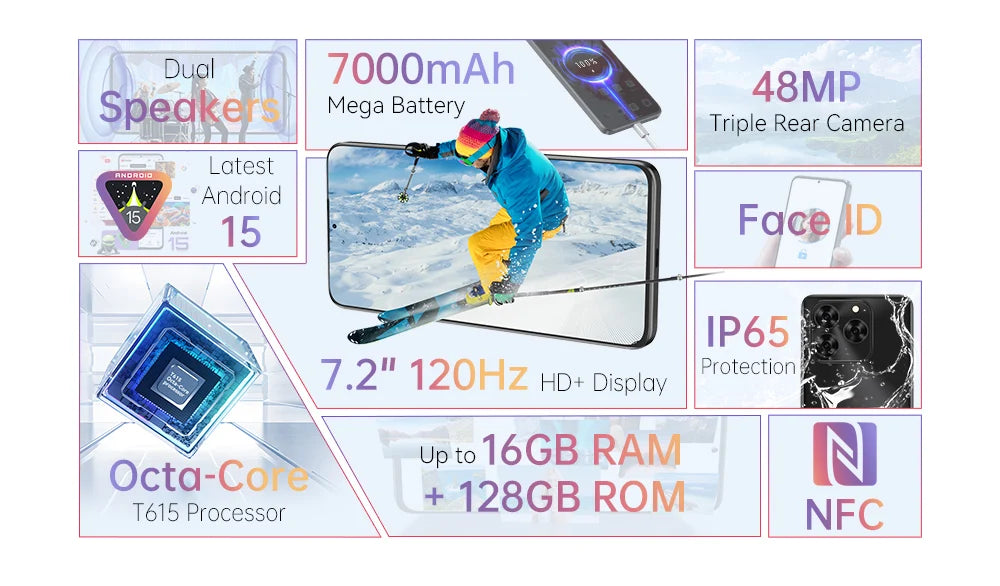 Cubot Note 60 Smartphone, Android 15, 7.2-inch 120Hz Display, Octa-core,16GB(6+10GB )RAM 128GB ROM, 48MP Camera, 7000mAh Battery