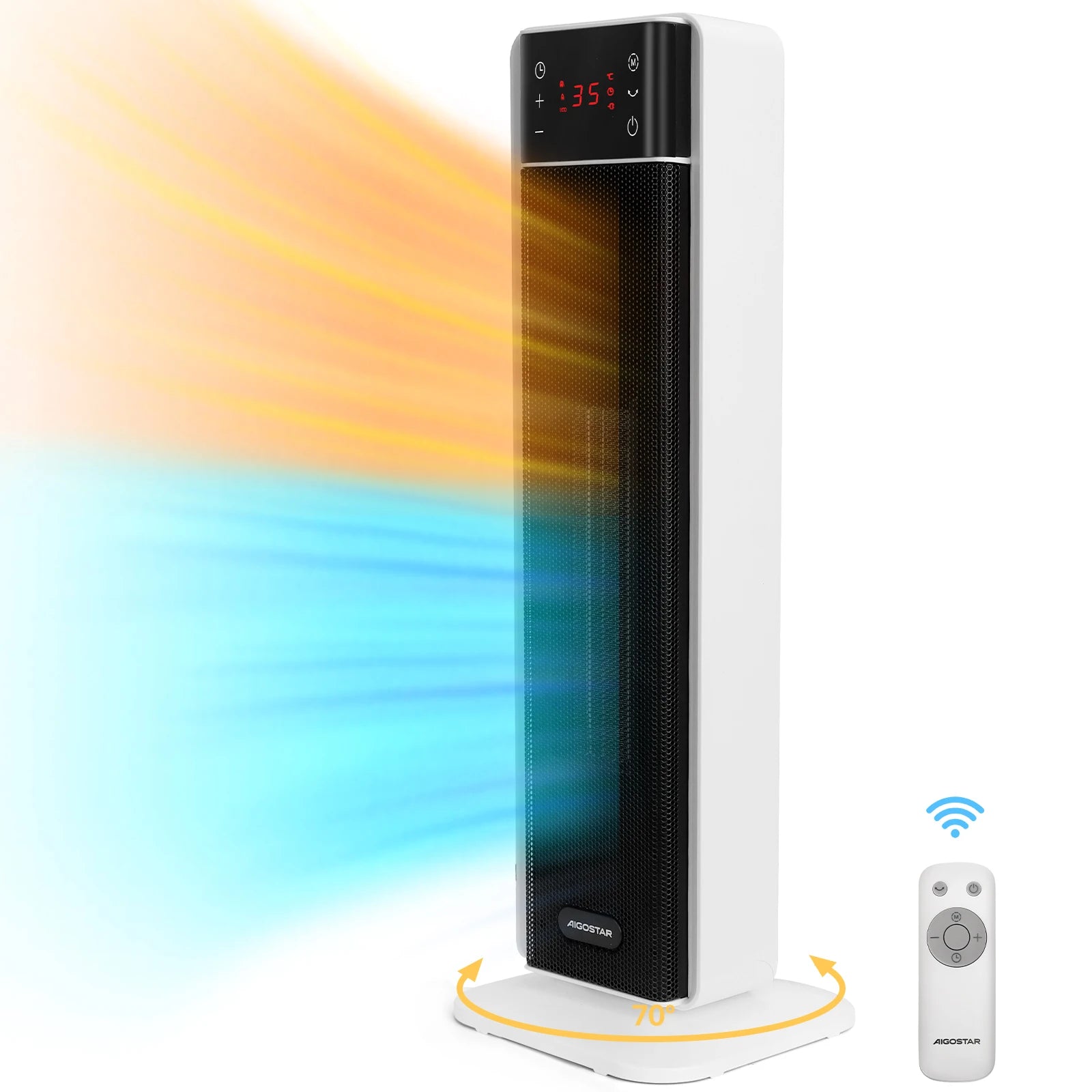 Aigostar Energy-Saving Fan Heater with Thermostat, 2000W PTC Ceramic Fan Heater with Remote Control, 70° Oscillation, 4 Modes
