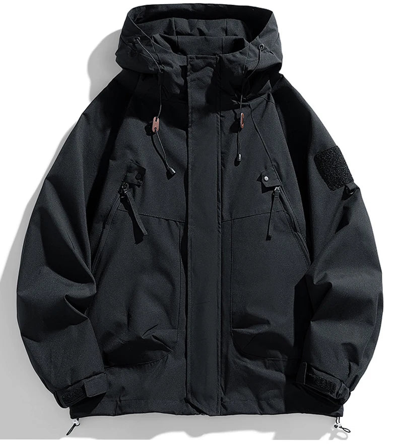 Windbreakers Men Hooded Jacket Zipper Coat Cargo Waterproof Black Bomber Camping Loose Thin Softshell Hooded Hiking Jacket