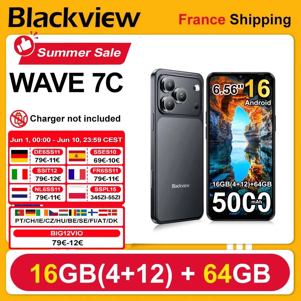 Blackview WAVE 7C Smartphone 6.56'' HD+IPS 5000mAh Battery 16GB(4+12)+64GB Unisoc Cell Phone 32MP+13MP 4G Android 16 Dual SIM Main image