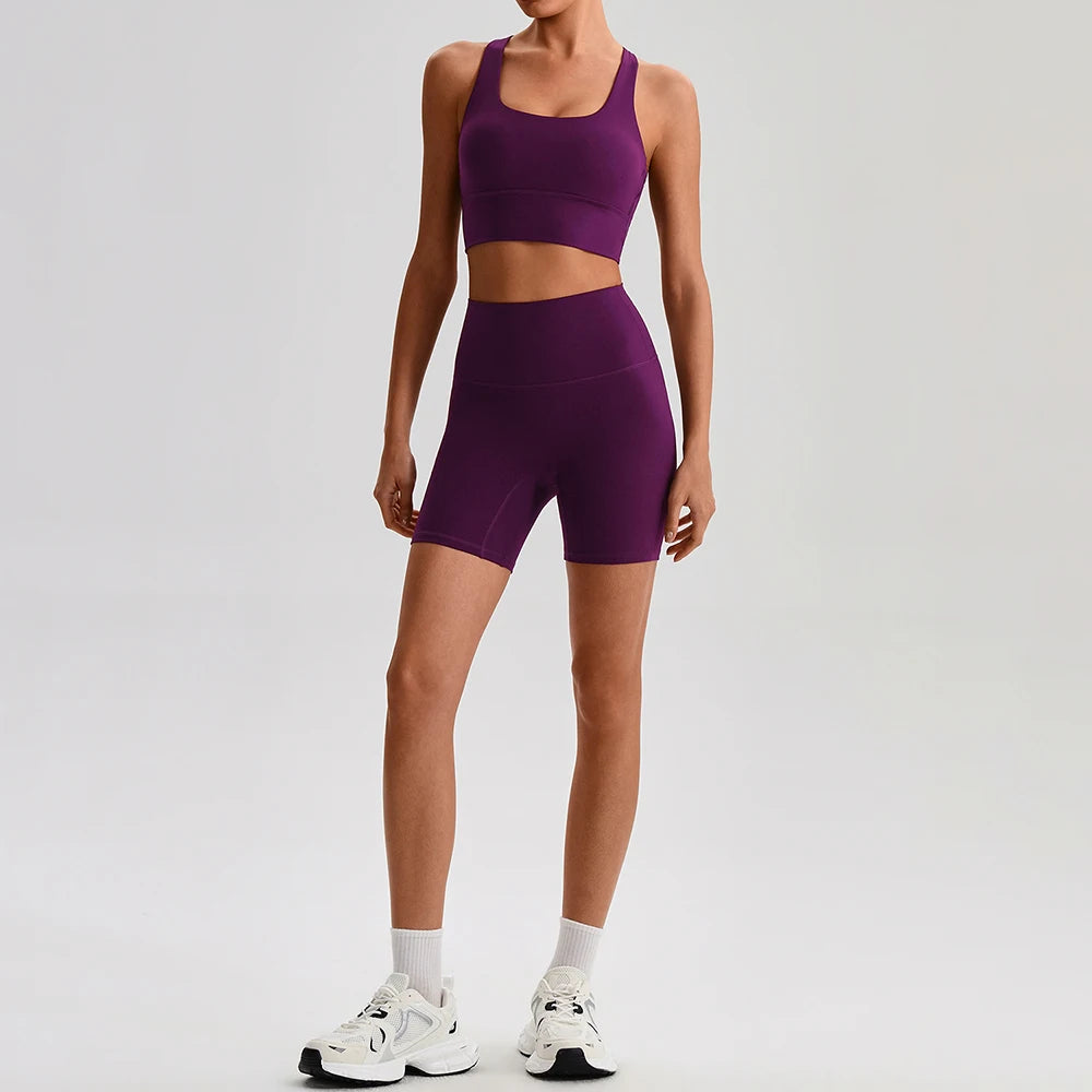 Buttery Soft Nylon Yoga Set Crisscross Back Sports Bra High Waist Biker Shorts 2 Piece Gym Set Workout Outfit Women Activewear