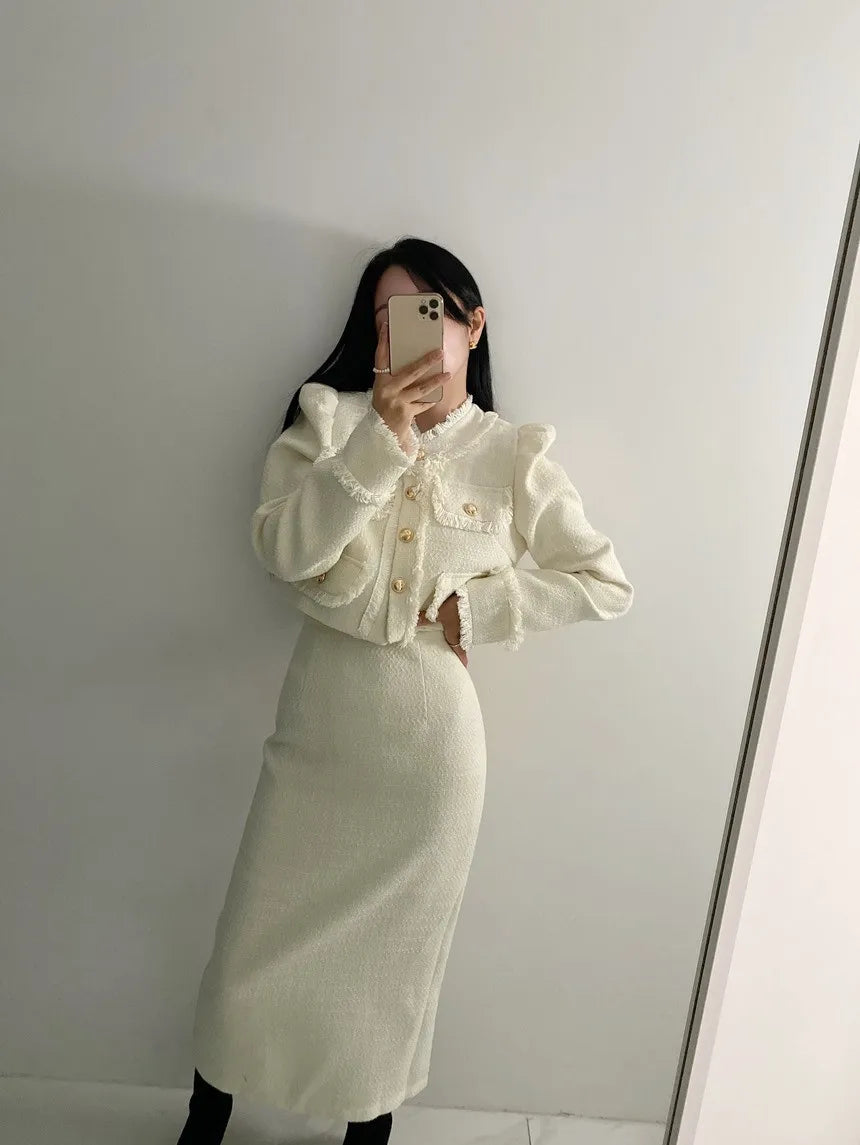 Beige Tweed Jacket + High Waisted Skirts Women Winter  Golden Button 2 Piece Sets Wool Luxury Vintage Skirts Sets Autumn