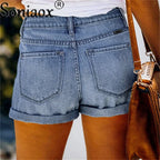 2024 Summer New Women Crimping Button Up Stretch Sexy Hole Jean Shorts High Waist Skinny Streetwear Trendy Ripped Denim Shorts