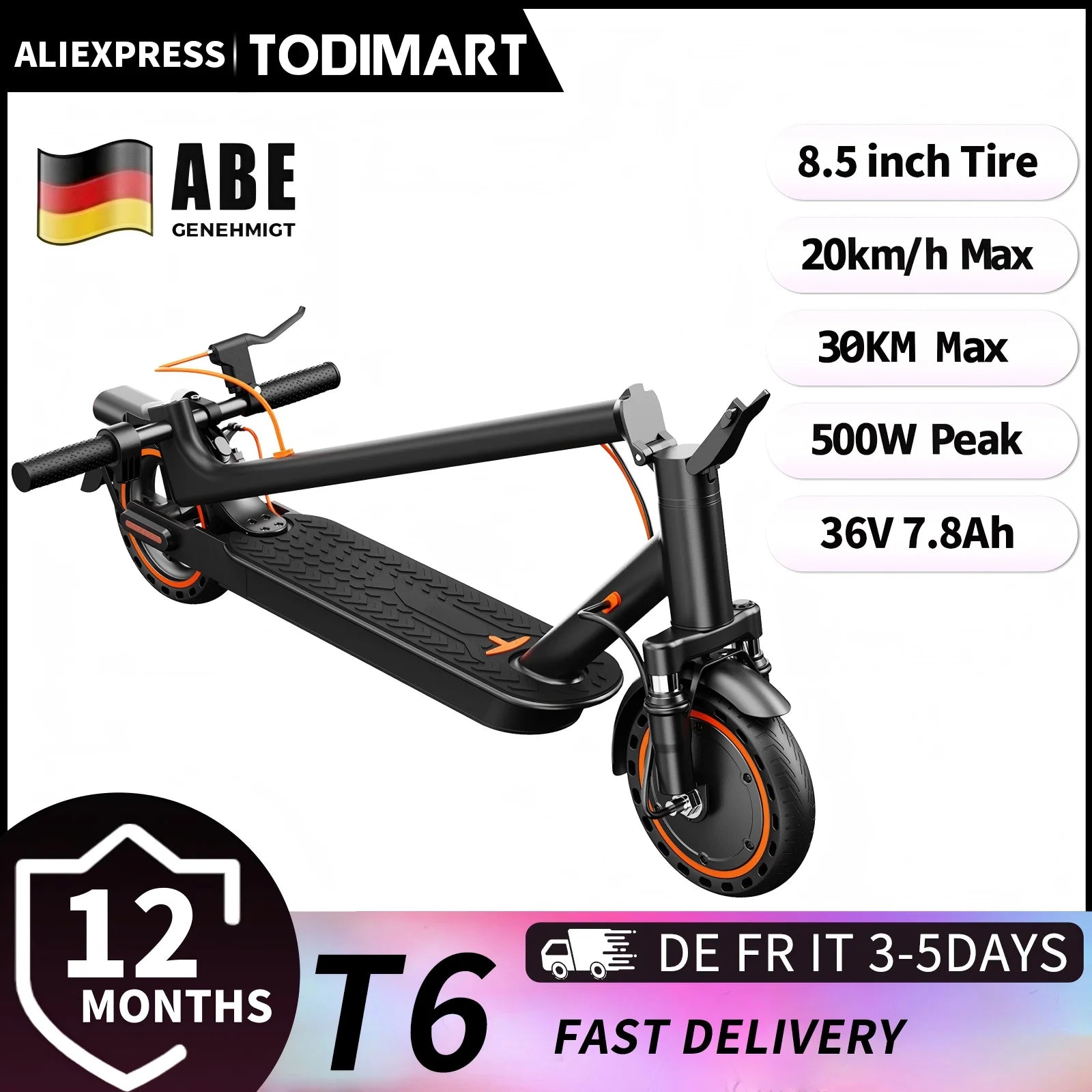 TODIMART T6 ABE e-scooter with road approval, 30 km, 350W, inch tires, Dual shock absorbers, e-scooter for adults Main image