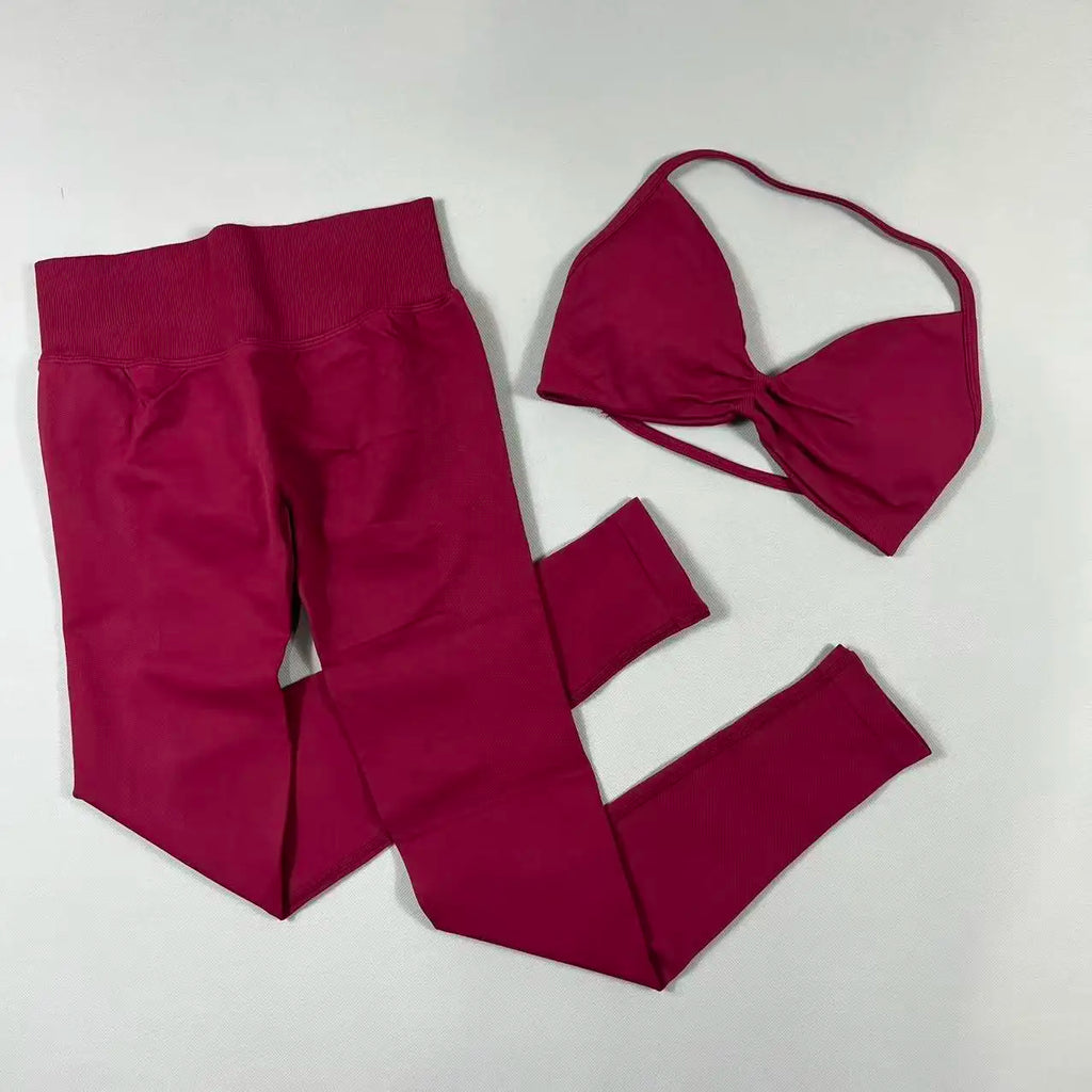 UETEEY Set For Woman Strappy Yoga Bra Sports Top Workout Leggings Set Seamless Gym Set Fitness Clothes Outfit Activewear